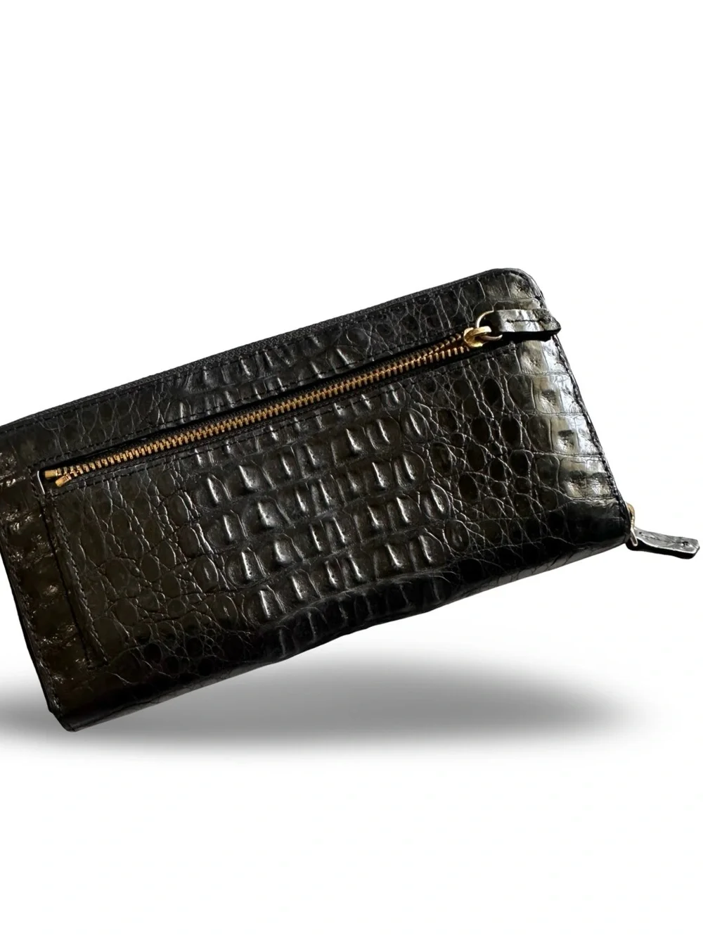 Black Leather Croc-Embossed Zip Around Wallet
